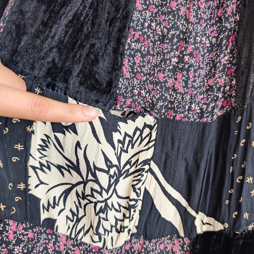 Vintage 90s Patchwork Broomstick Dark Floral Velvet Lace Trim Maxi Skirt Cottage - Picture 10 of 10